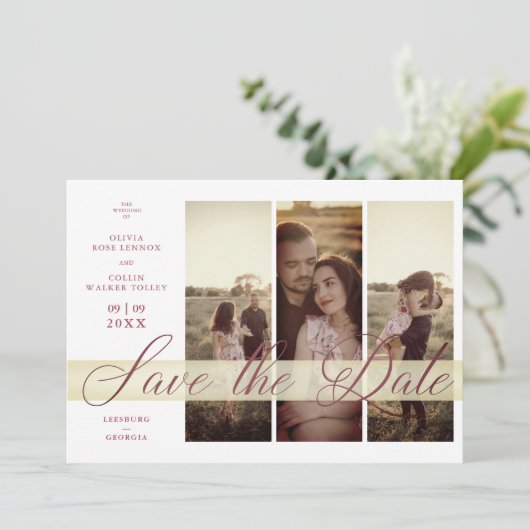 3 Foto's Paar in Love Simple Elegant Script Save The Date (Staand voorkant)