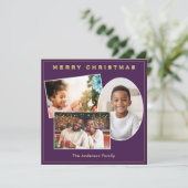 3 Foto's Paarse & Faux Gold Aangepaste Naam Kerst Feestdagenkaart (Staand voorkant)