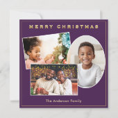 3 Foto's Paarse & Faux Gold Aangepaste Naam Kerst Feestdagenkaart (Voorkant)