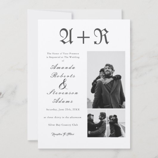 3 Foto's Rustic Black Typography Monogram Weddensc Kaart (Voorkant)