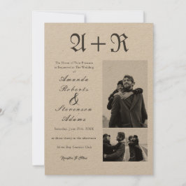 3 Foto's Rustic Black Typography Monogram Weddensc Kaart