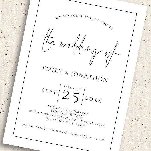 3 Foto's Script Line Border QR Zwart Wit Bruiloft Kaart
