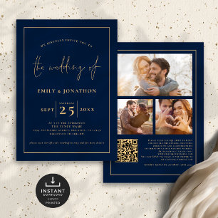 3 foto's Script Line QR Code Navy Gold bruiloft Kaart