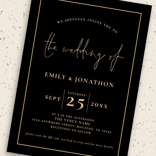 3 foto's Script Line QR Code Zwart Goud Bruiloft Kaart