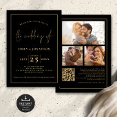 3 foto's Script Line QR Code Zwart Goud Bruiloft Kaart