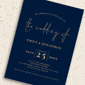 3 foto's Script QR Code Marine Blauw Goud Bruiloft Kaart