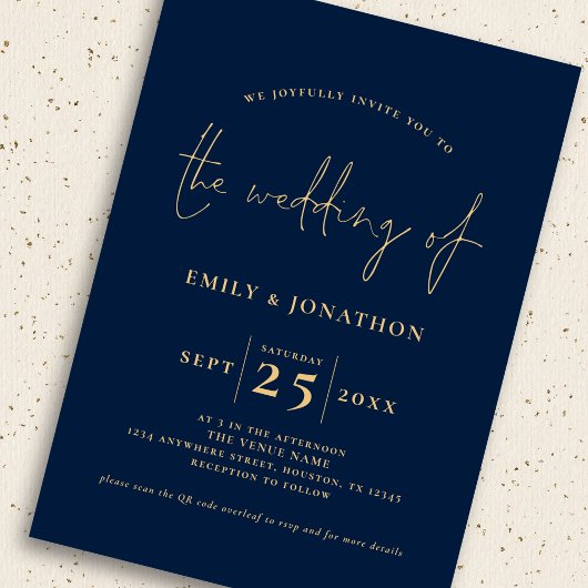 3 foto's Script QR Code Marine Blauw Goud Bruiloft Kaart