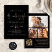 3 foto's Script QR Code Zwart Goud Bruiloft Kaart
