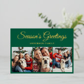 3 Foto's Seizoen Groeten Christmas Gold Folie Feestdagenkaart (Staand Voorkant)