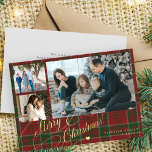 3 foto's Vrolijk Kerst elegant script rood plaid Feestdagenkaart<br><div class="desc">Elegante stijlvolle Merry Christmas faux gouden klassieke kalligrafie script drie familie foto's rood groene plaid tartan rustieke vakantie kaart met uw aangepaste gepersonaliseerde tekst aan beide zijden.</div>