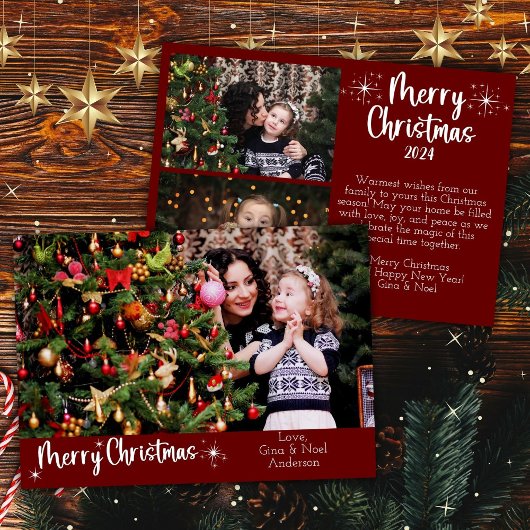 3 Foto's Vrolijk Kerstfeest Modern Script Rood Feestdagenkaart