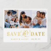 3 Foto's White en Gold Foil Bespaar de datum Folie Uitnodiging Briefkaart (Voorkant)