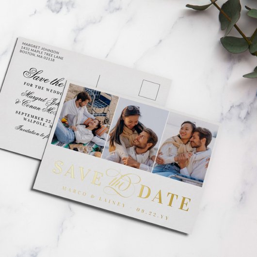 3 Foto's White en Gold Foil Bespaar de datum Folie Uitnodiging Briefkaart