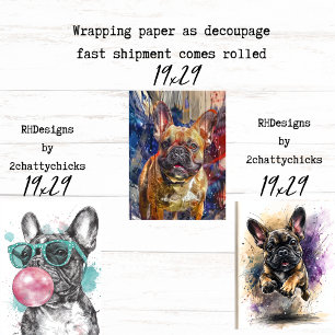 3 Franse Bulldog Trio Inpakpapier Decoupage Vel
