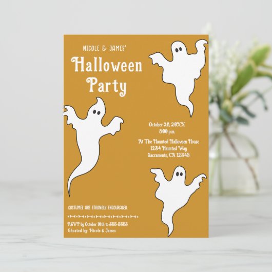 3 Geesten Sinaasappel Wit Whimsical Halloween Part Kaart (Staand voorkant)