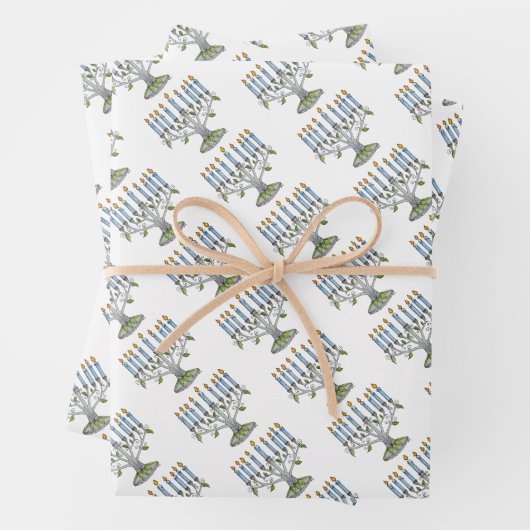 3 Geschenkwikkelbladen - Chanoeka - Menorah Inpakpapier Vel (In situ)