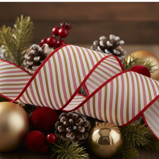 3" Gold and Red Candy Cane Pinstripe Xmas Pattern Grosgrain Lint