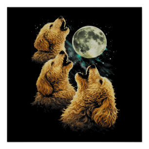 3 Gouden Doodle Honden die naar de Maan Huilen Sch Perfect Poster