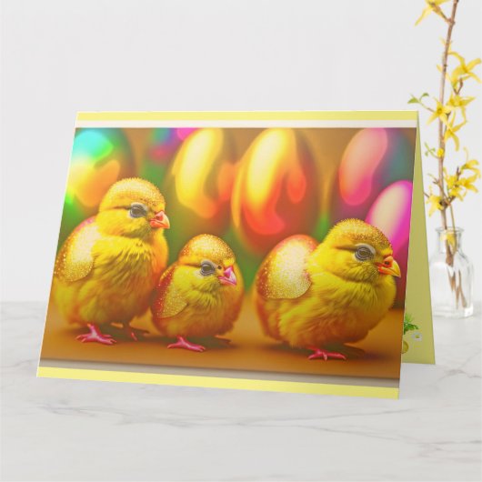 3 Gouden Kleine Paaskuikens Collectie Kaart (Gele Bloem)