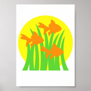 3 goudvissen zwemmen tussen zeewieren poster