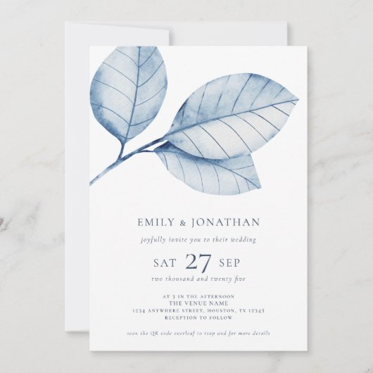 3 grote Waterverf stoffige blauwe bladeren QR brui Kaart (Voorkant)