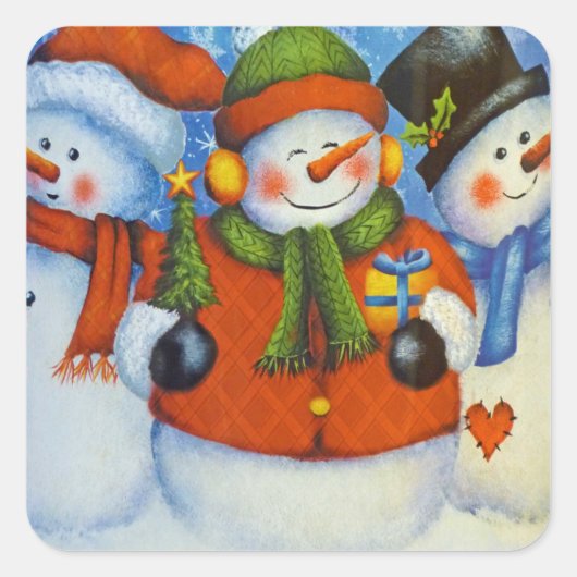 3 Happy Snowmen Vierkante Sticker (Voorkant)