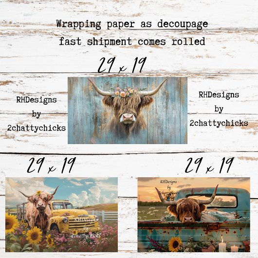 3 Highland Cow Charm Wrapping Paper for Decoupage 