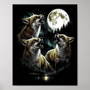 3 Huilende Vos Maan Aurora Vintage Retro Stijl Poster