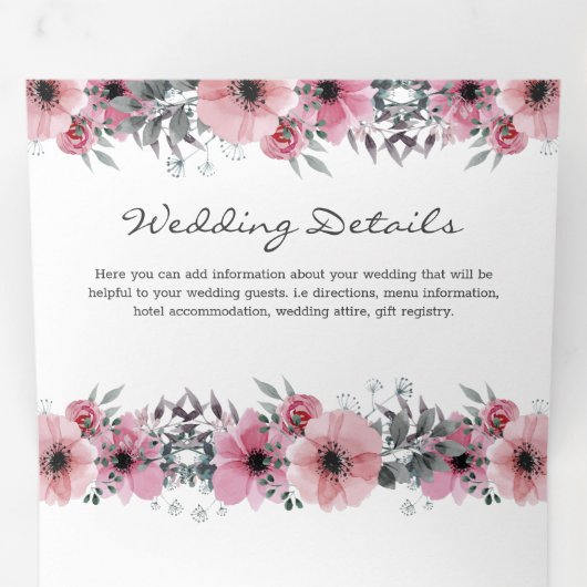 3 in 1 Elegante Roze Waterverf Bloemenbruiloft Drieluik Uitnodiging (Binnenzijde eerst)