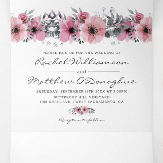 3 in 1 Elegante Roze Waterverf Bloemenbruiloft Drieluik Uitnodiging (Binnenkant midden)