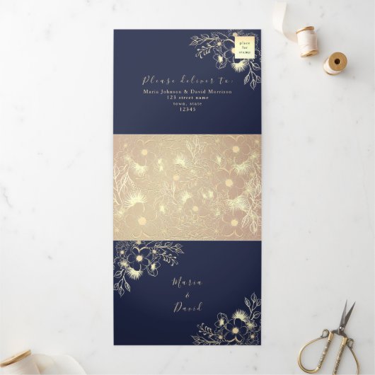 3 in 1 Roze Goud en Marine Huwelijk Drieluik Uitnodiging (Buitenkant)