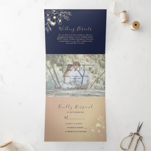 3 in 1 Roze Goud en Marine Huwelijk Drieluik Uitnodiging (Binnen)