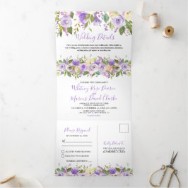 3 in 1 rustieke Paarse bloemenbruiloft Drieluik Uitnodiging
