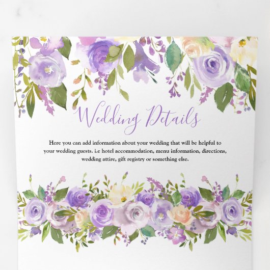 3 in 1 rustieke Paarse bloemenbruiloft Drieluik Uitnodiging (Binnenzijde eerst)