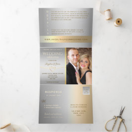 3 in 1 Zilveren en Gouden Foto Bruiloft Drieluik Uitnodiging