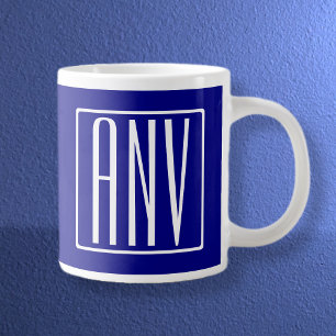 3 Initiaal Monogram Marineblauw & Wit Grote Koffiekop