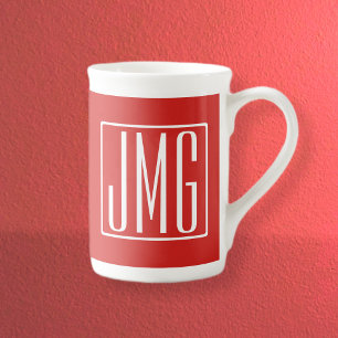 3 Initiaal Monogram Rood & Wit (of doe-het-zelf Porselein Kop