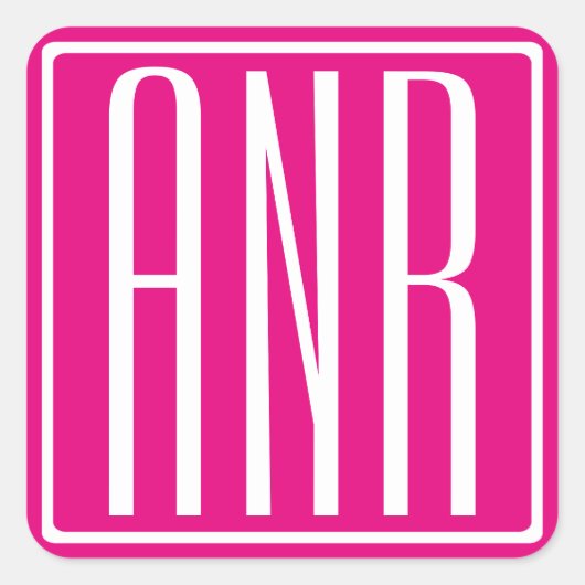 3 Initiaal Monogram | Wit Op Heet Roze Vierkante Sticker (Voorkant)
