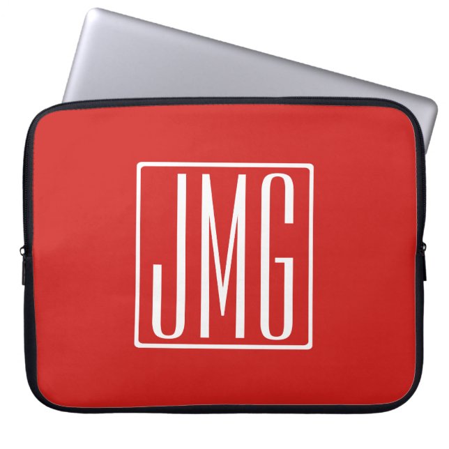 3 Initialen Monogram | Rood en wit (of dij kleur) Laptop Sleeve (Voorkant)