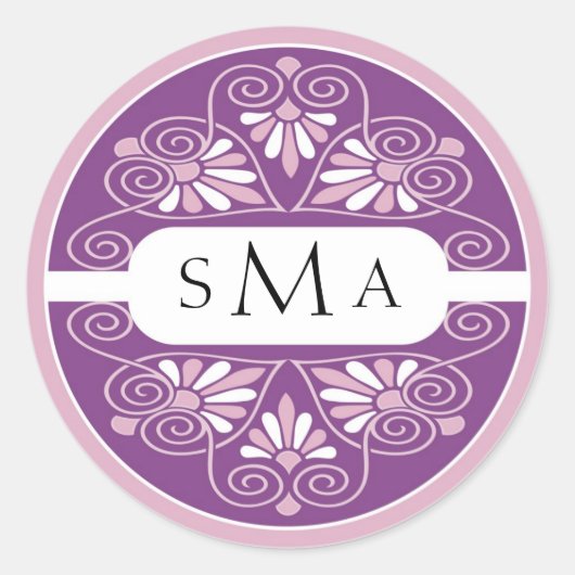 3 Initialen Monogram stickers: roze en Paarse Ronde Sticker (Voorkant)