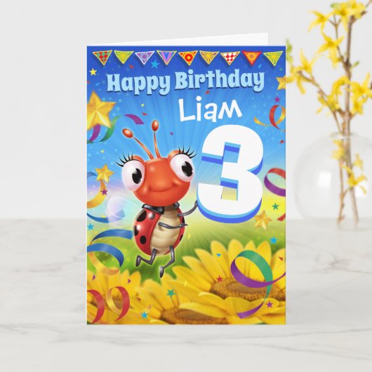 3 jaar Custom verjaardagskaart Little Ladybug bere Kaart (Gele Bloem)