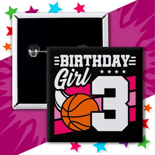 3 Jaar Oud Basketbal Party 3e Verjaardag Meisje Vierkante Button 5,1 Cm