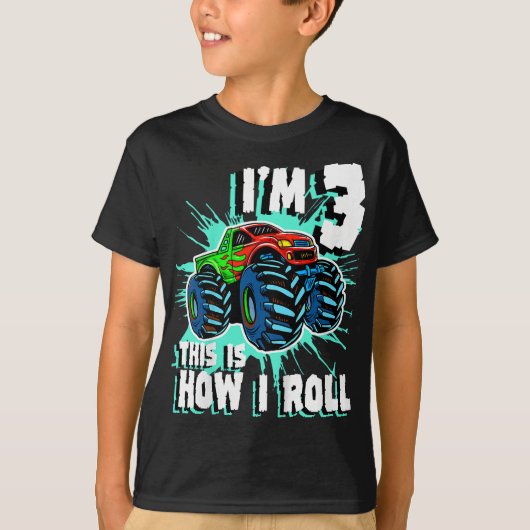 3 Jaar Oud Jongen Monster Vrachtwagen Verjaardagsf T-shirt (Voorkant)