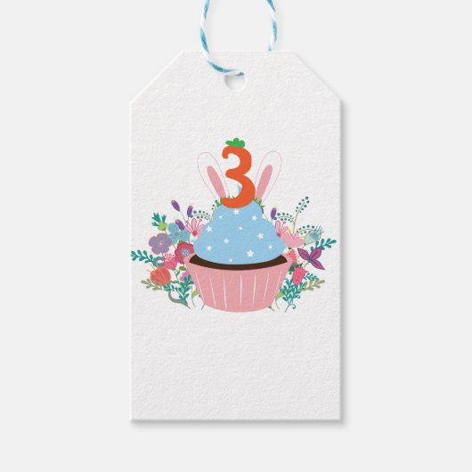3 jaar oud konijntje cupcake cadeaulabel (Voorkant)