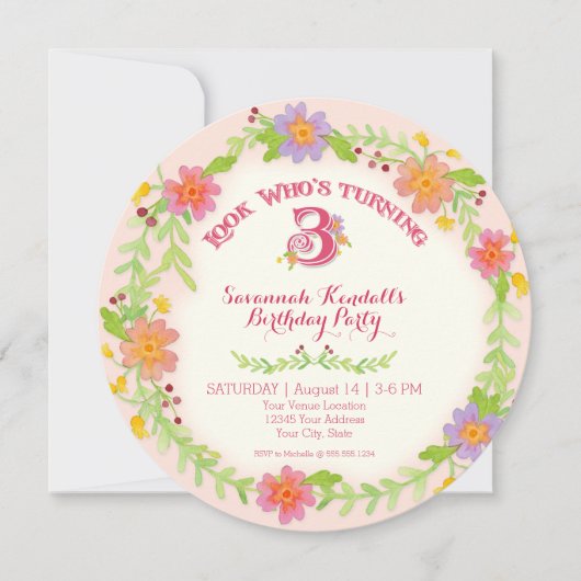 3 jaar oud meisje, Waterverf Floral Kaart (Voorkant)