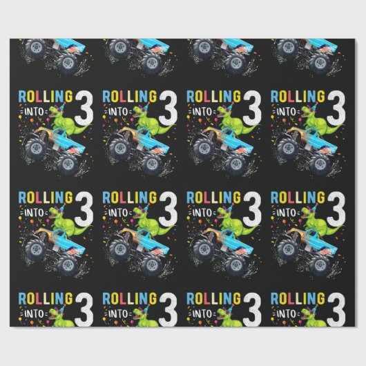 3 jaar oude verjaardag Dinosaur Monster Truck Fami Cadeaupapier (Vlak)