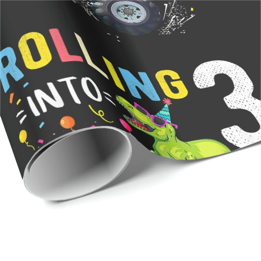 3 jaar oude verjaardag Dinosaur Monster Truck Fami Cadeaupapier (Rol Hoek)