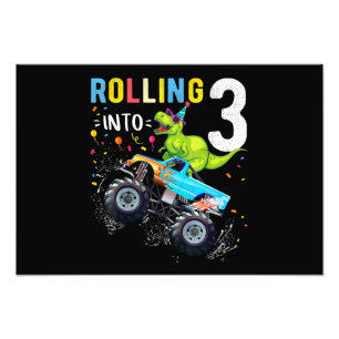 3 jaar oude verjaardag Dinosaur Monster Truck Fami Foto Afdruk