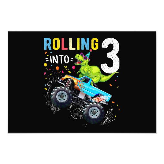 3 jaar oude verjaardag Dinosaur Monster Truck Fami Foto Afdruk (Voorkant)