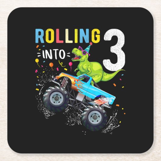 3 jaar oude verjaardag Dinosaur Monster Truck Fami Kartonnen Onderzetters (Voorkant)